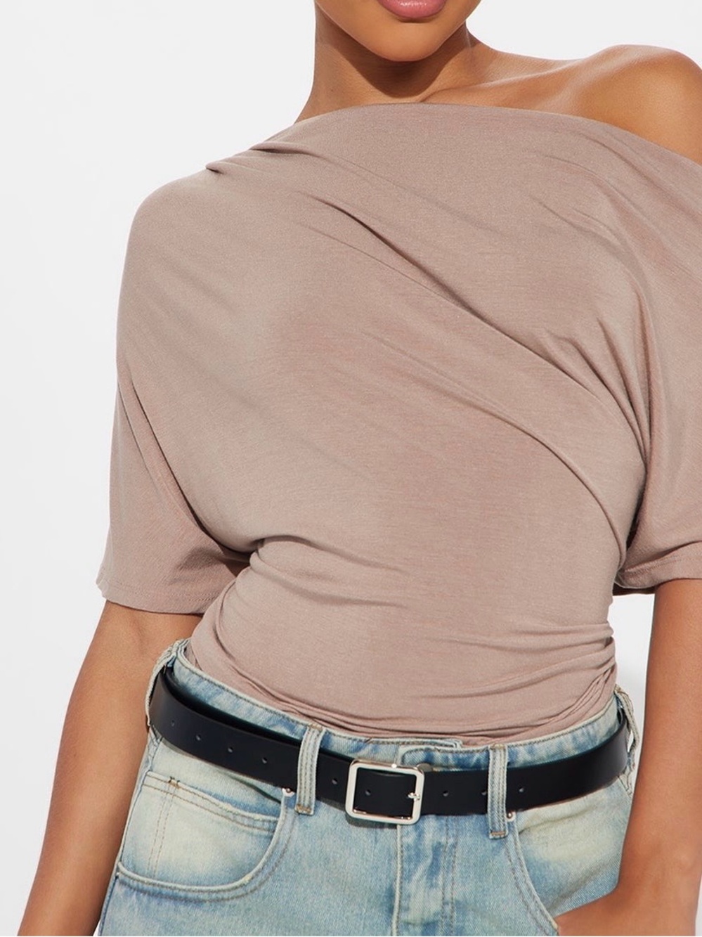 Fashion Nova Taupe One-Shoulder Short Sleeve Bodysuit